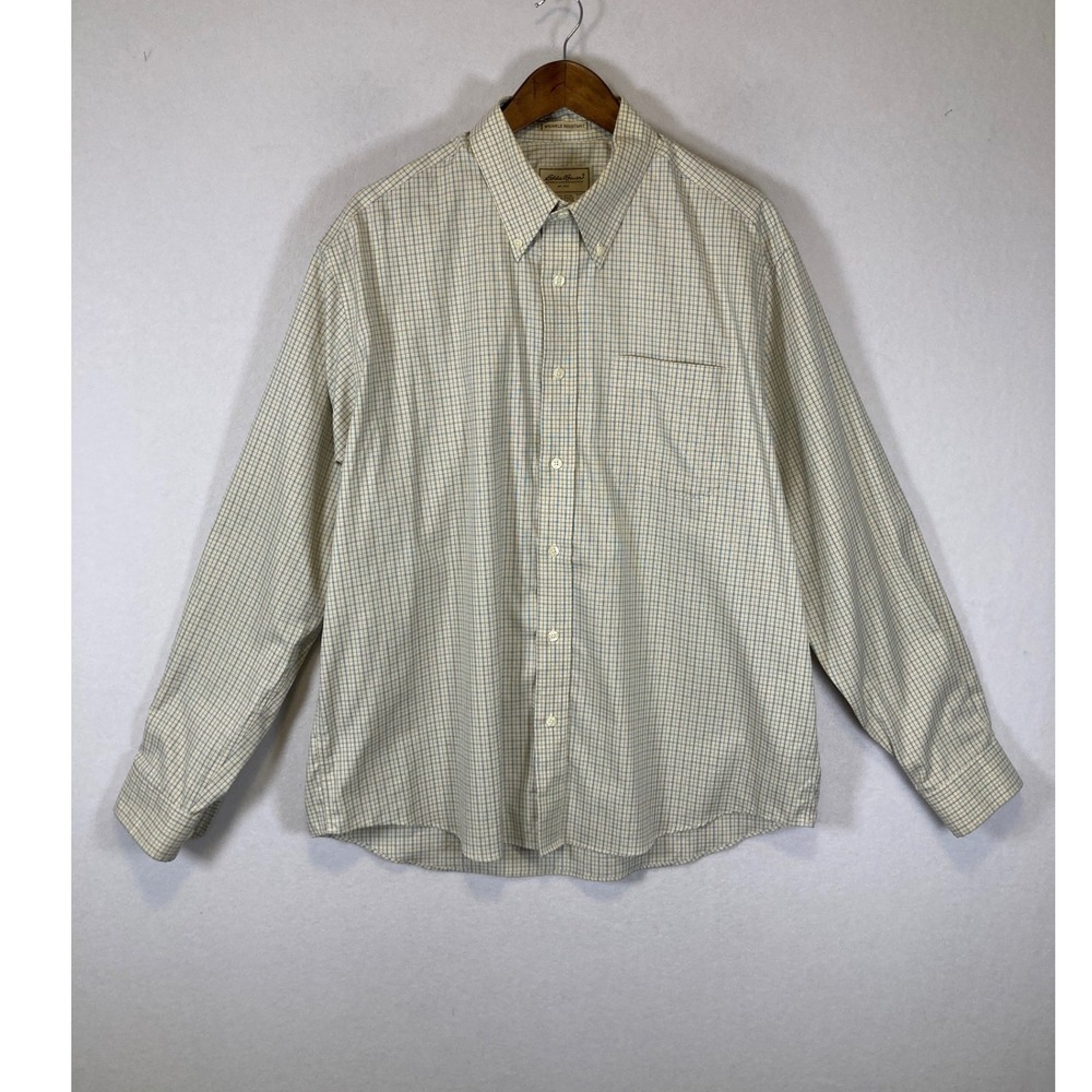 Classic Eddie Bauer Mens Large Cream Blue Grid Wrinkle Resistant Cotton Shirt